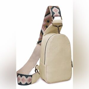 Cream Crossbody Sling Bag with Patterned Strap